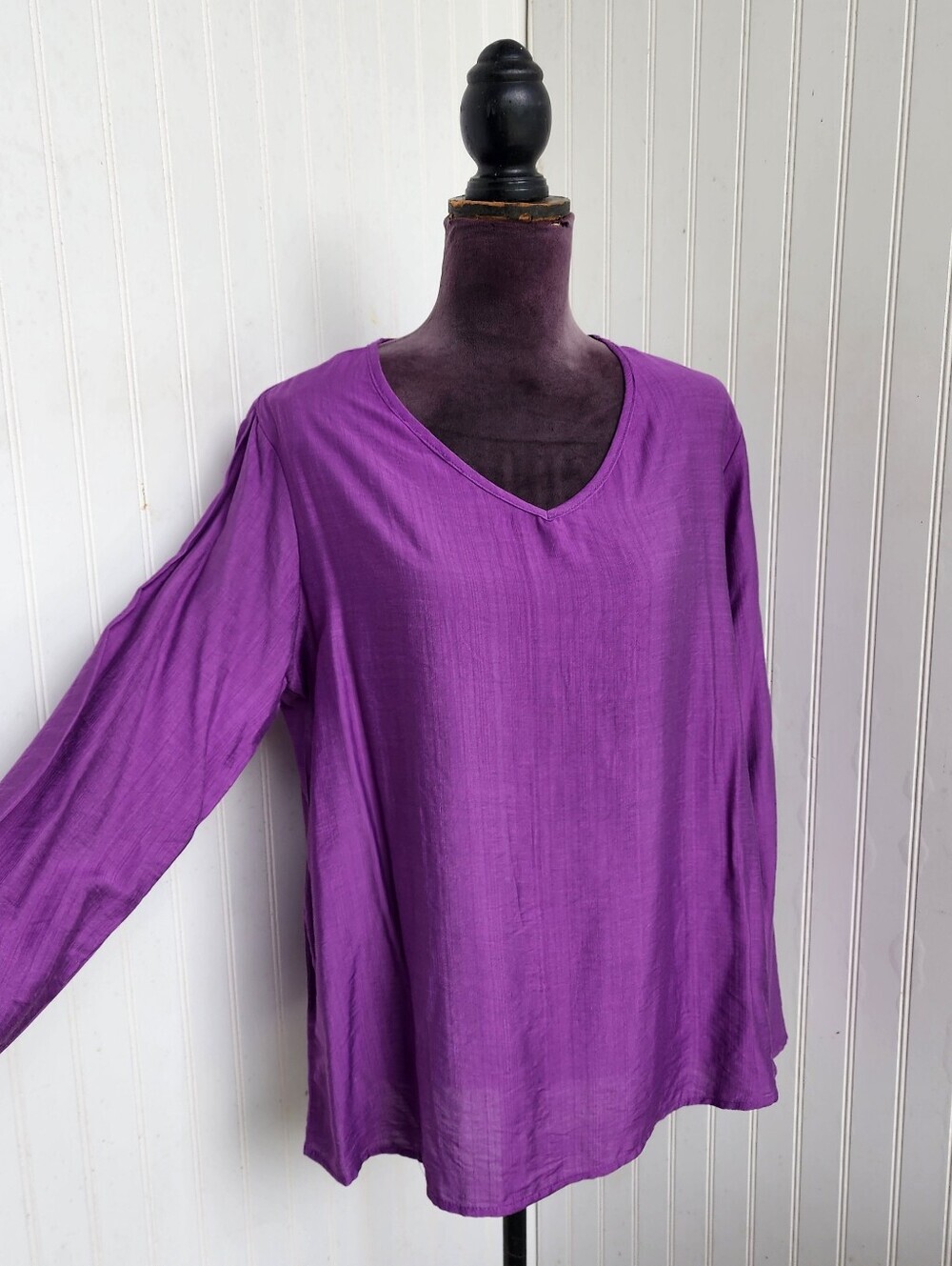 Ranlege Womens Purple 100% Linen Long Sleeve V-Neck Tunic Shirt Top Sz L